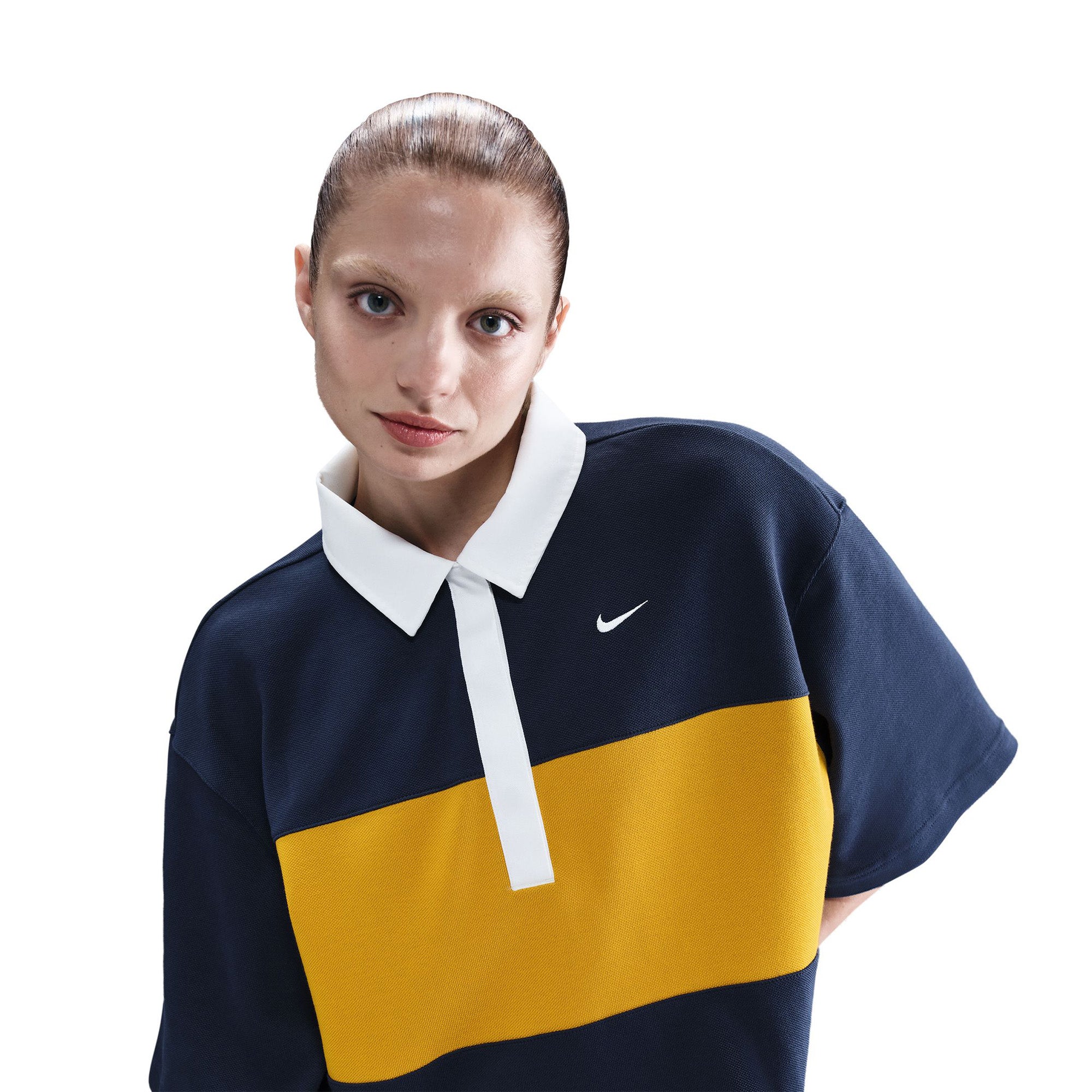 Womens Nike Sportswear Oversized SS Polo 'Midnight Navy/Dark Sulfur' - ROOTED