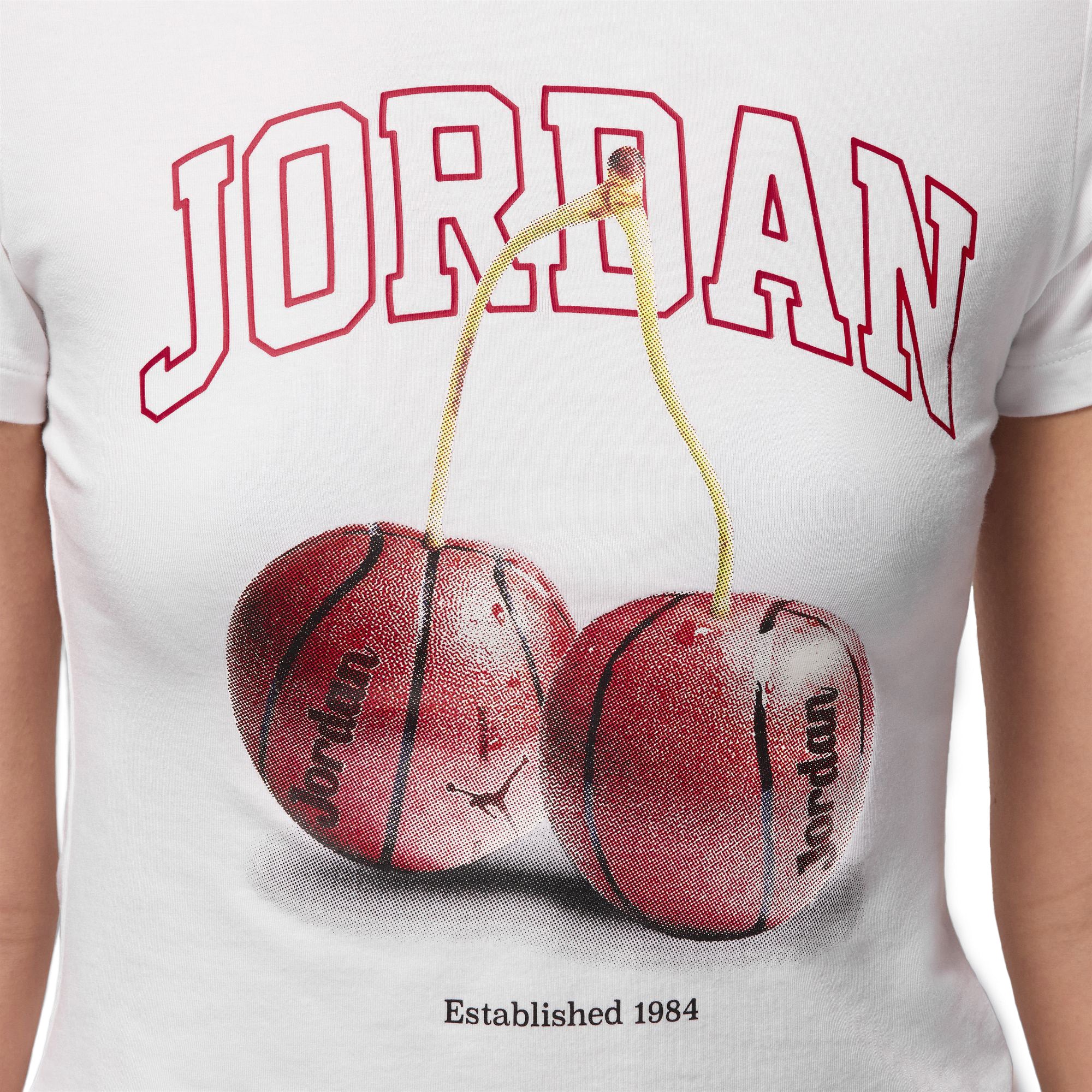 Womens Jordan Brooklyn Cherry Tee 'White/Gym Red' - ROOTED