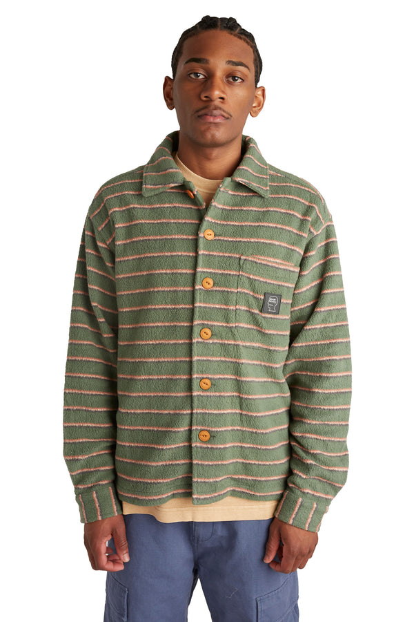 Brain Dead Striped Micro Sherpa Overshirt 'Green/Multi' - ROOTED