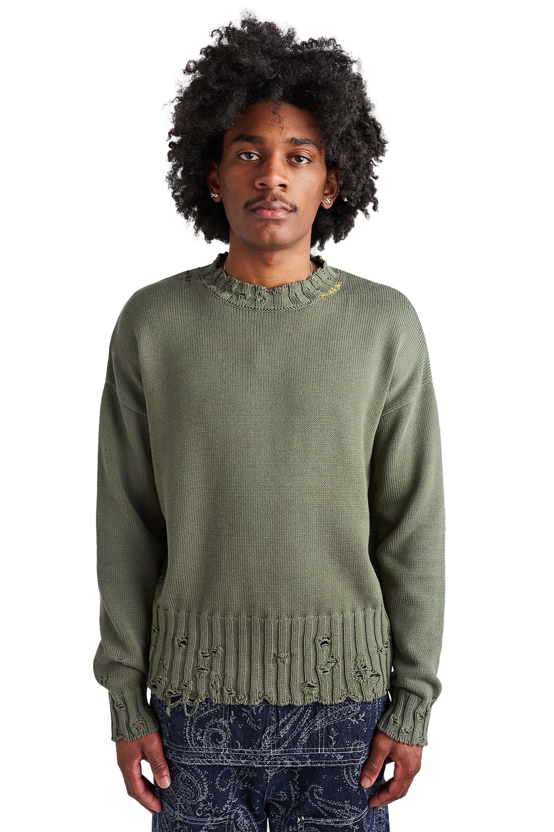 Marni Disheveled Cotton Crewneck Sweater 'Leav Green' - ROOTED