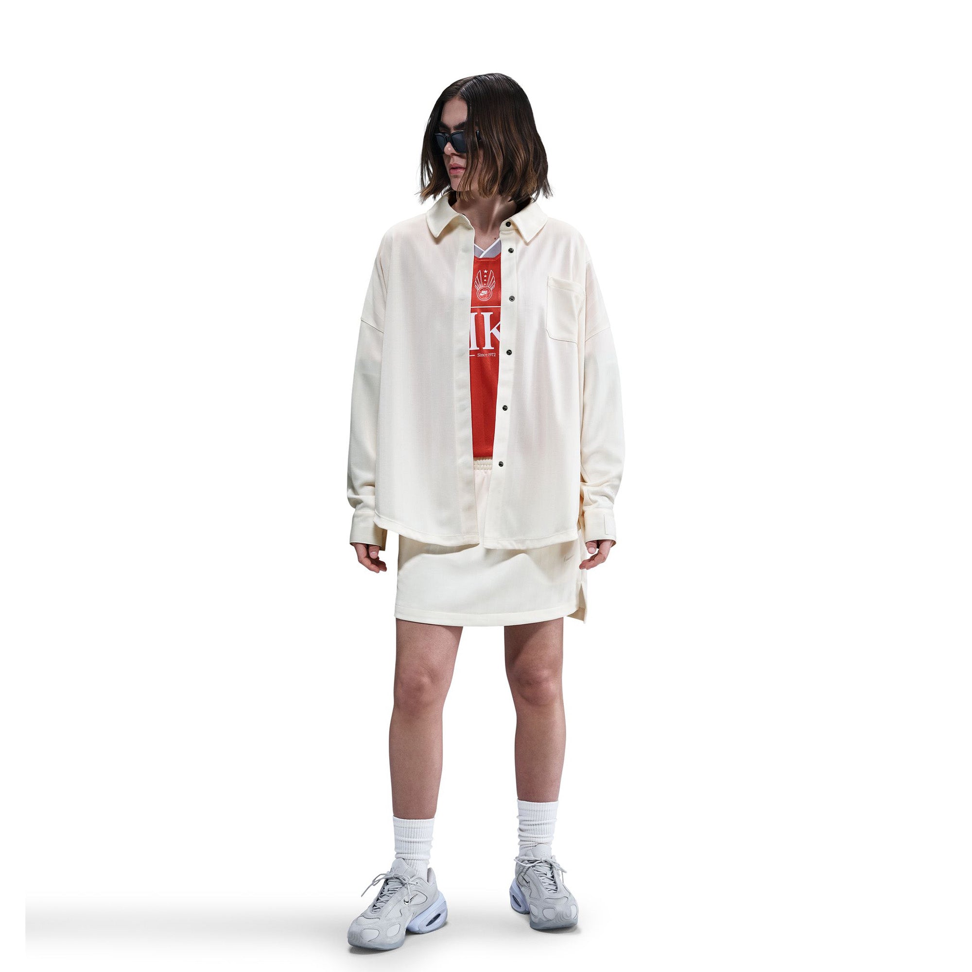 Womens Nike Sportswear Oversized Jacquard Striped Button-Down Shirt 'Pale Ivory/Sail' - ROOTED