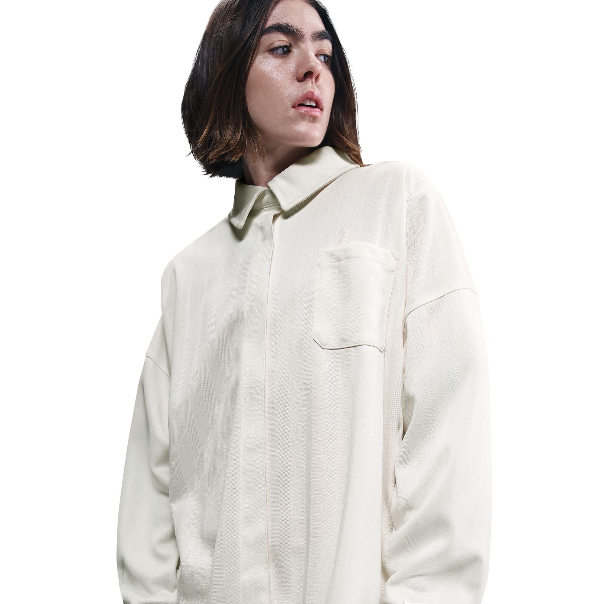 Womens Nike Sportswear Oversized Jacquard Striped Button-Down Shirt 'Pale Ivory/Sail' - ROOTED