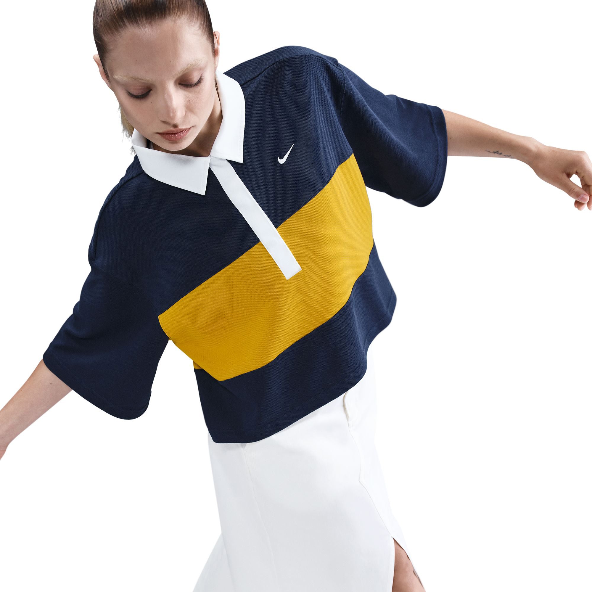 Womens Nike Sportswear Oversized SS Polo 'Midnight Navy/Dark Sulfur' - ROOTED