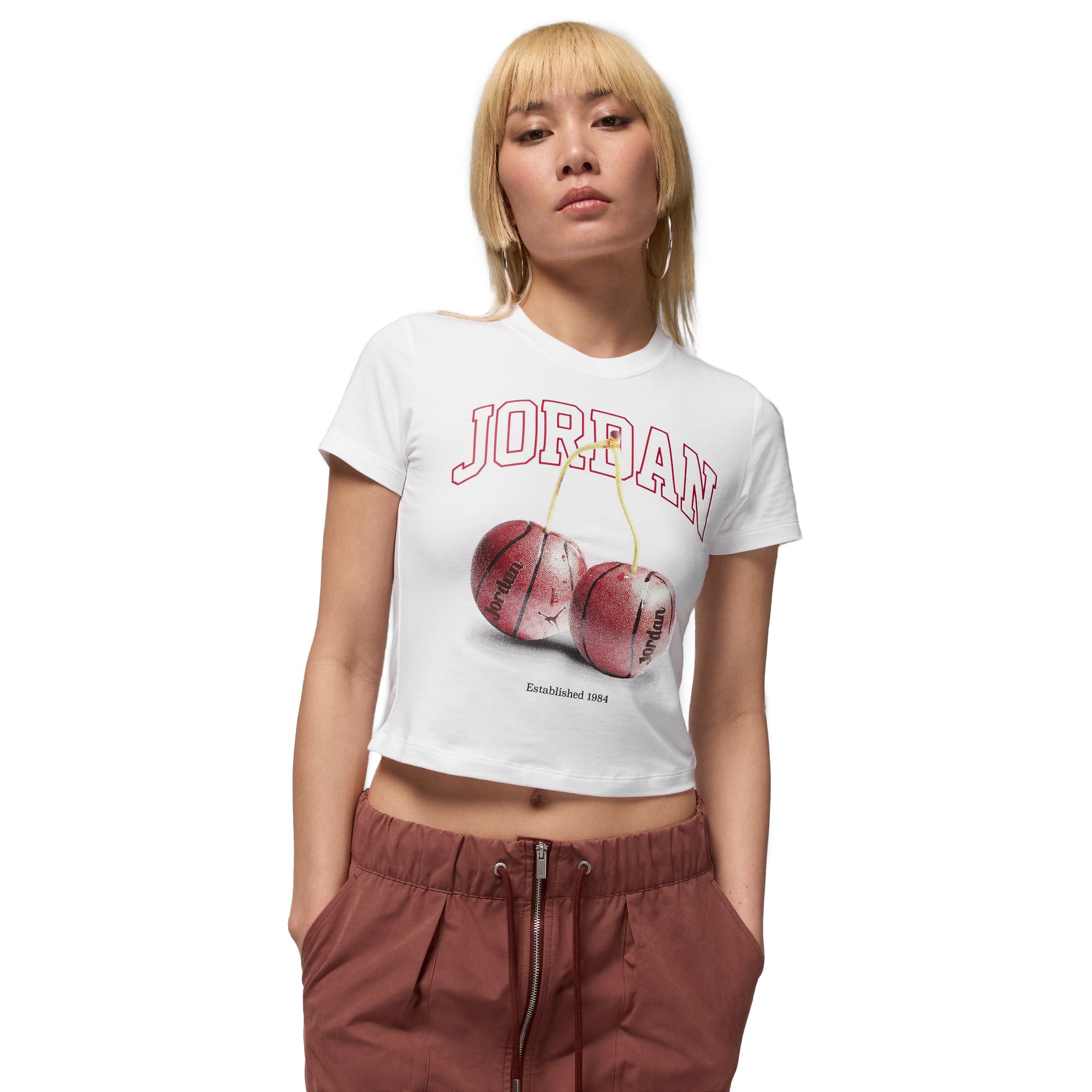 Womens Jordan Brooklyn Cherry Tee 'White/Gym Red' - ROOTED
