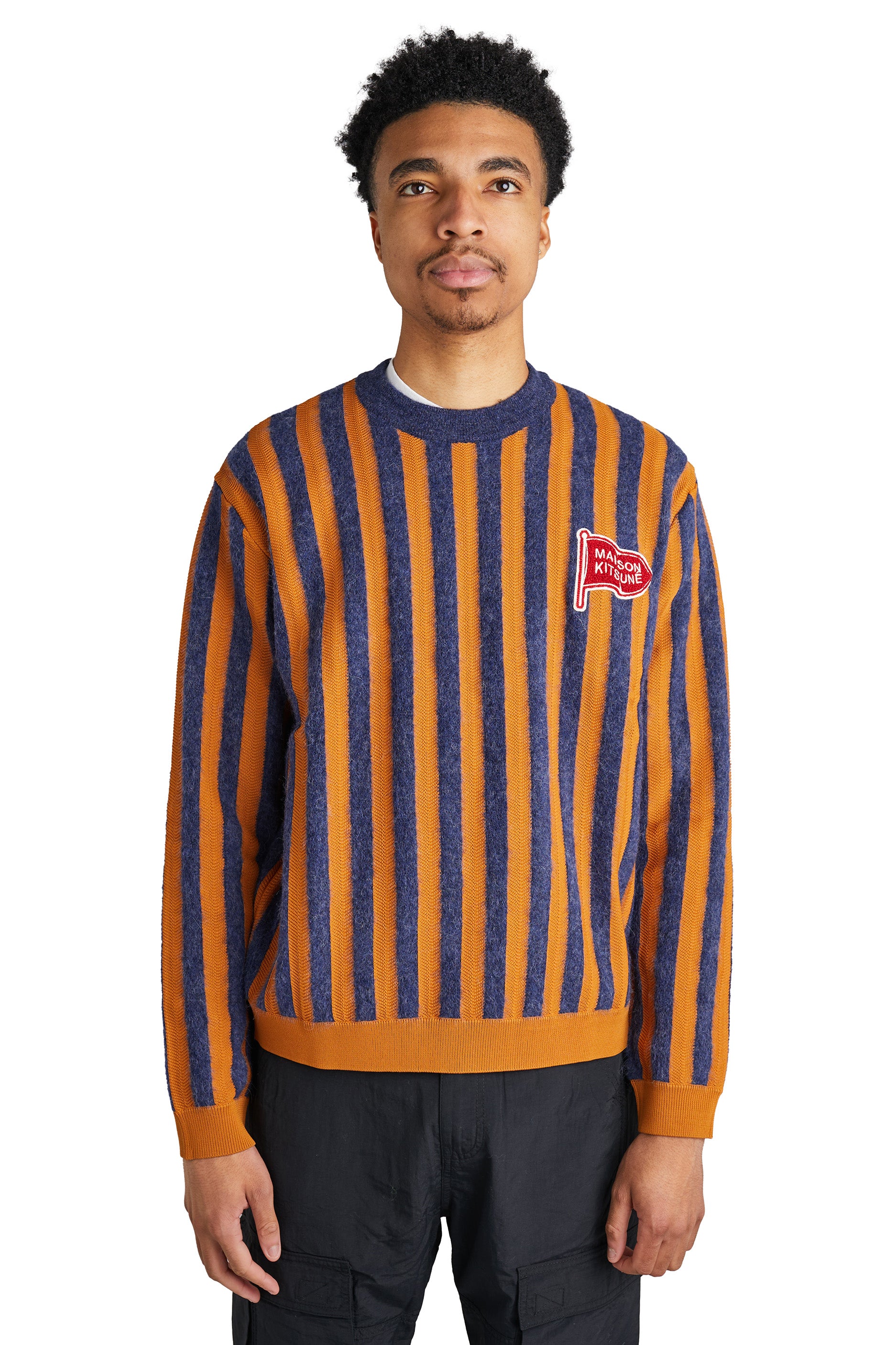 Maison Kitsune Striped Comfort Sweater 'Ink Blue/Mustard Stripes' - ROOTED