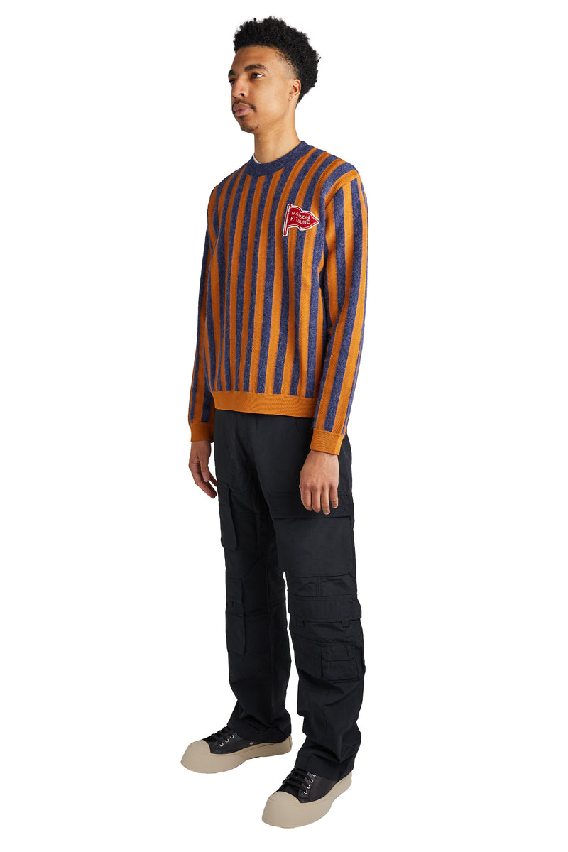 Maison Kitsune Striped Comfort Sweater 'Ink Blue/Mustard Stripes' - ROOTED