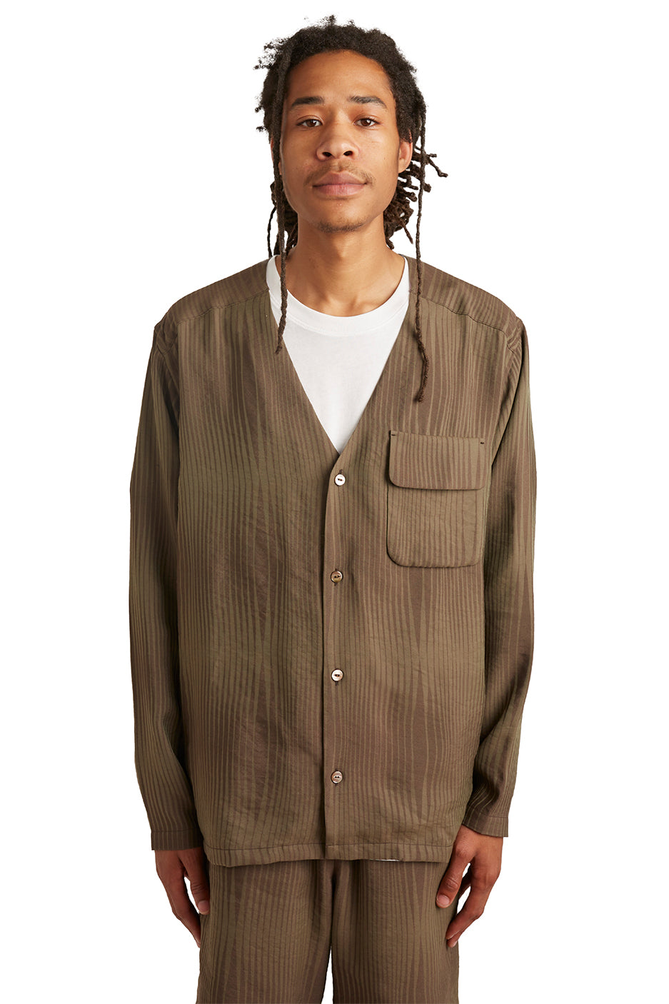 Needles Mens V-Neck R/N Wave Stripe Shirt 'Brown' - ROOTED