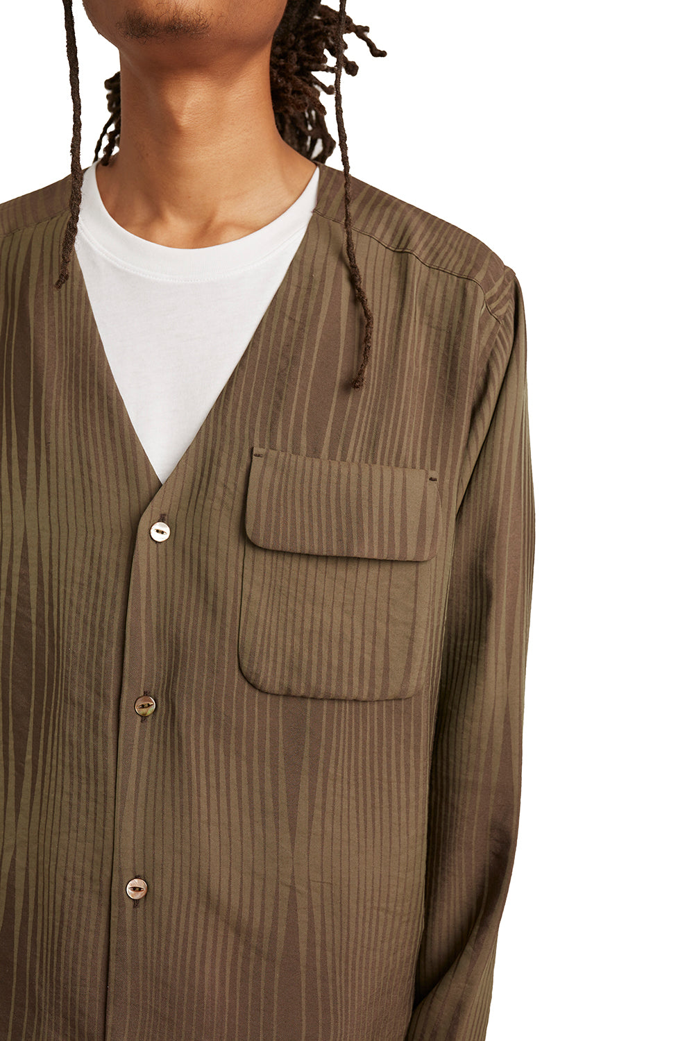 Needles Mens V-Neck R/N Wave Stripe Shirt 'Brown' - ROOTED