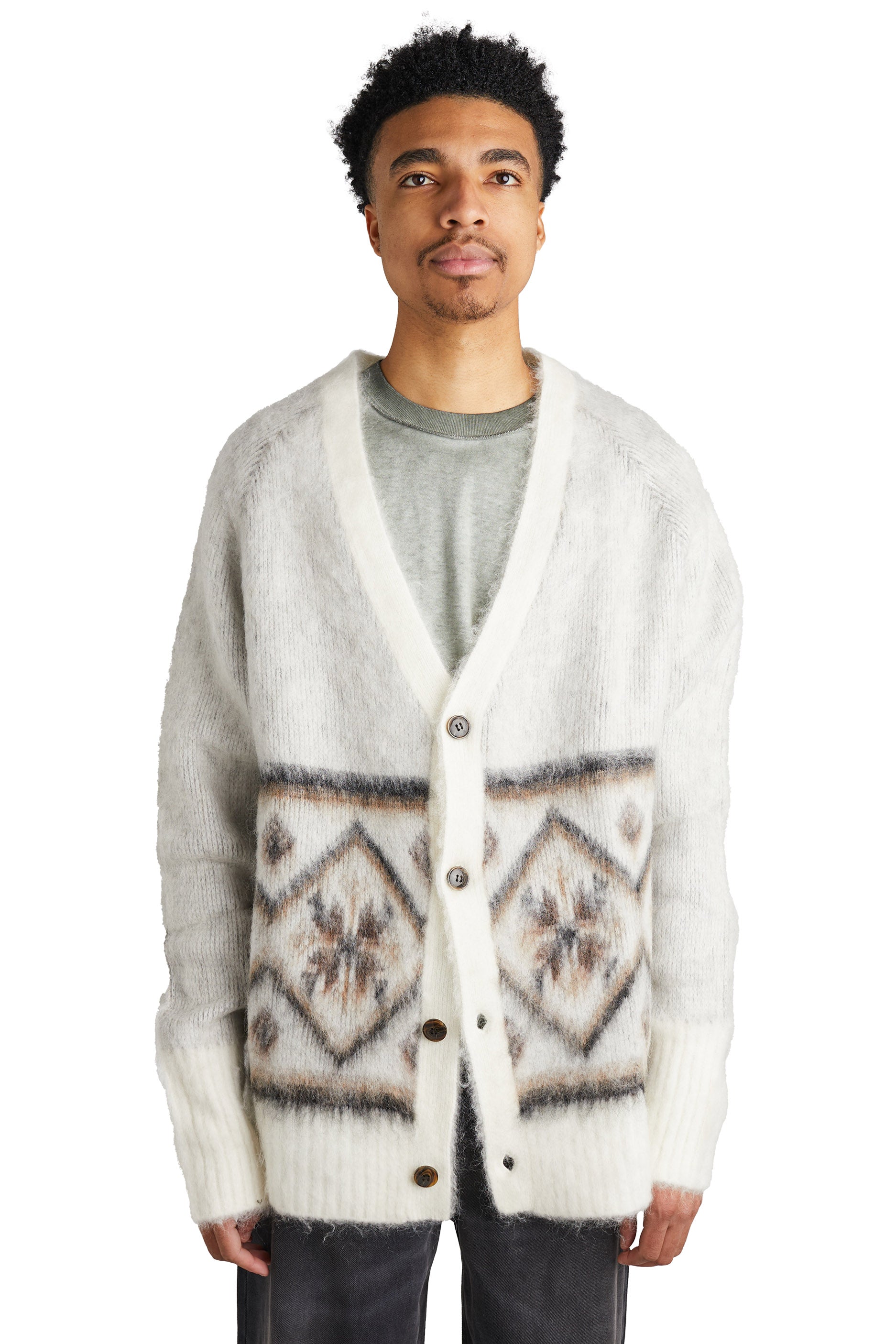 Martine Rose Brushed Mohair Fair Isle Cardigan 'Ivory/Oat/Chocolate' - ROOTED