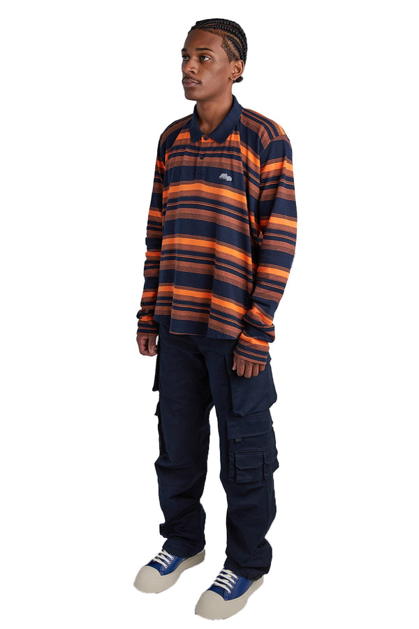 Martine Rose L/S Pulled Neck Polo Shirt 'Orange-Navy Stripe' - ROOTED