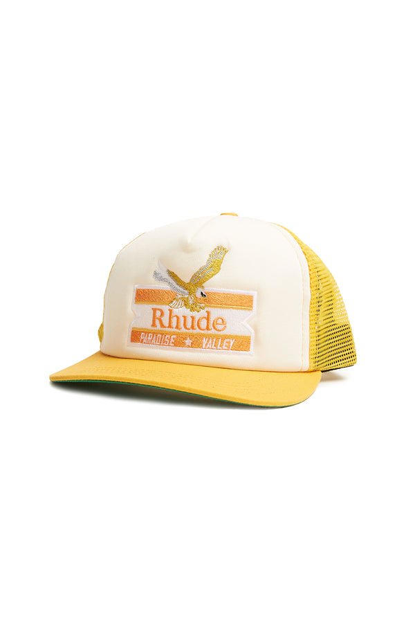 Rhude Paradise Valley Twill Trucker Hat 'Mustard/VTG White' - ROOTED