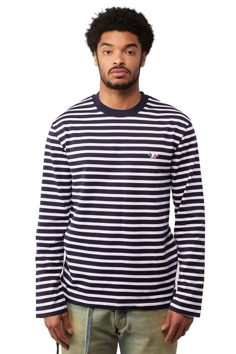Maison Kitsune L/S Fox Patch Marine Stripe Tee in Navy | ROOTED