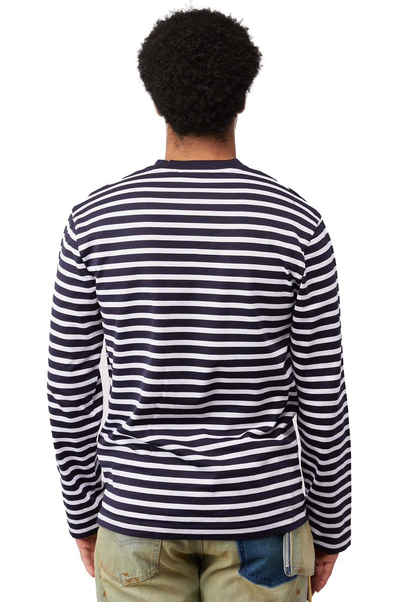 Maison Kitsune L/S Fox Patch Marine Stripe Tee in Navy | ROOTED