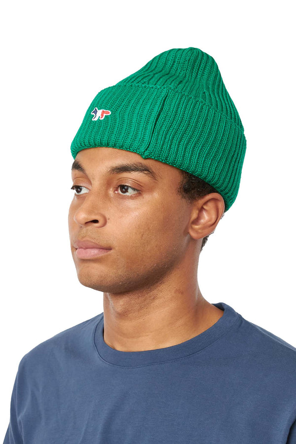 Maison Kitsune TriColor Fox Ribbed Hat 'Green' - ROOTED